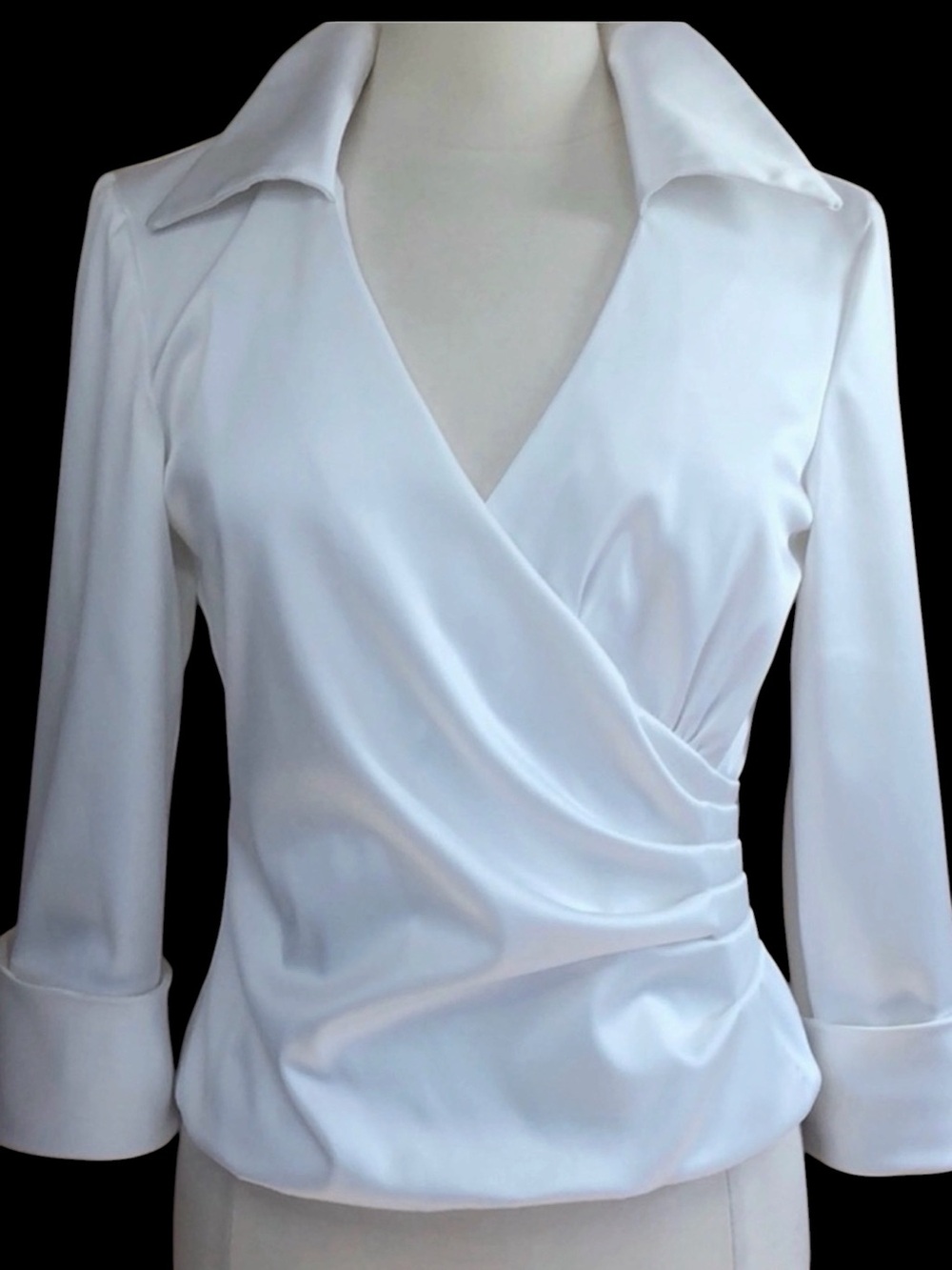 JS Collections White Satin Wrap Blouse Stand Collar Oversized Cuffs | 10